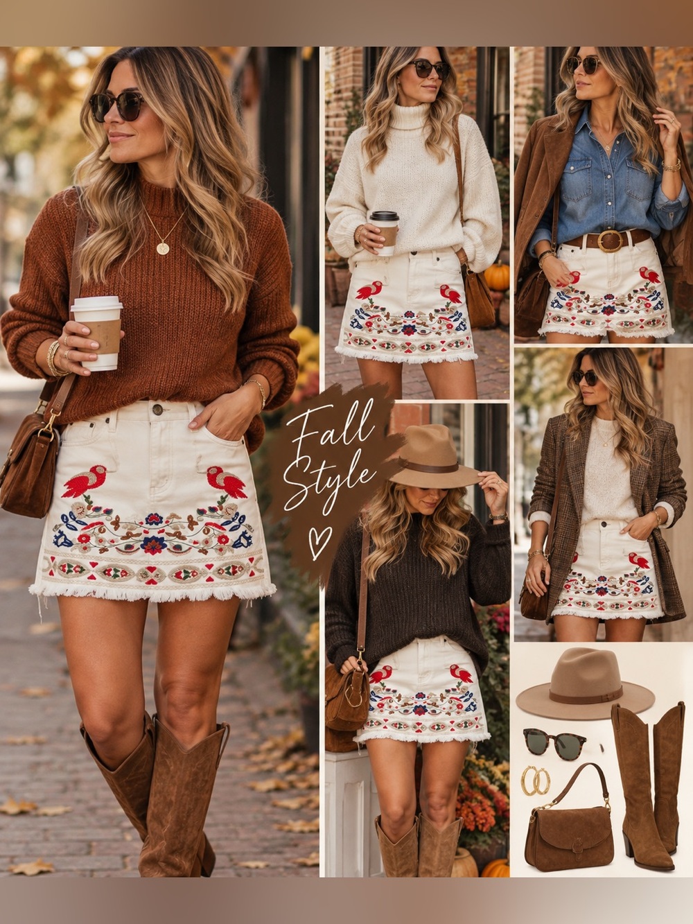 Umgee White Embroidered Bird Floral Boho Denim Mini Skirt S NWT
